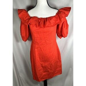 H&M Orange Ruffle off shoulder linen blend dress size Small side Zip